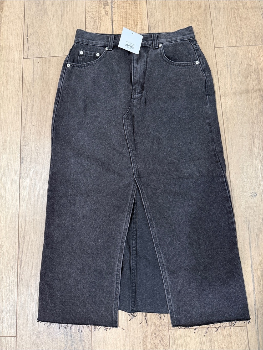 High-Rise Black Denim Midi Skirt with Front Slit